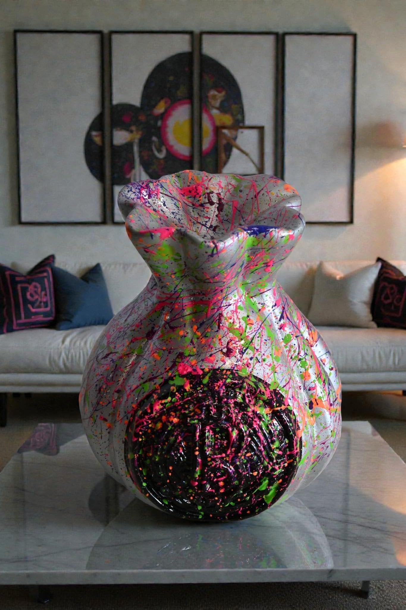 NIFAO Money Bag Vase Ceramic Sculpture Neon Splatter Andres Mendez 4"x5"x6"H
