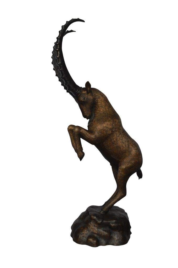 Mountain goat on hind legs bronze statue -  Size: 36"L x 16"W x 66"H.