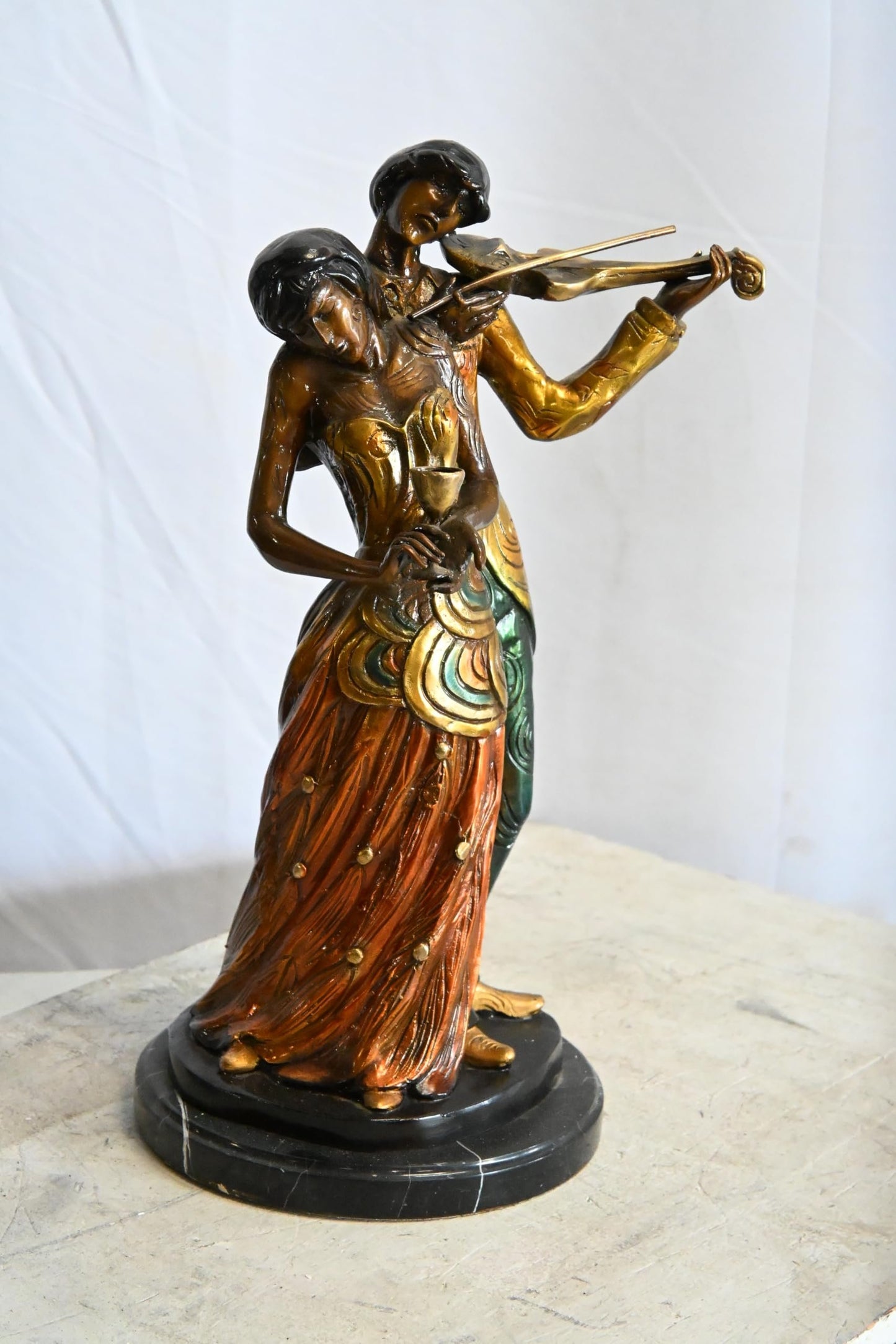Romantic Couple Bronze Statue Violin Marble Base Music 11"x10"x19"H