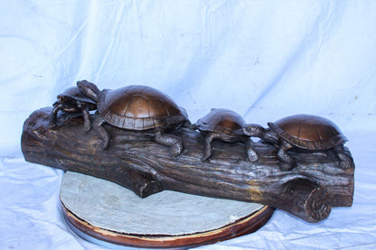 Four Turtles on Tree Log Bronze Statue, Charming Wildlife Decor 39" x 15" x 10"H