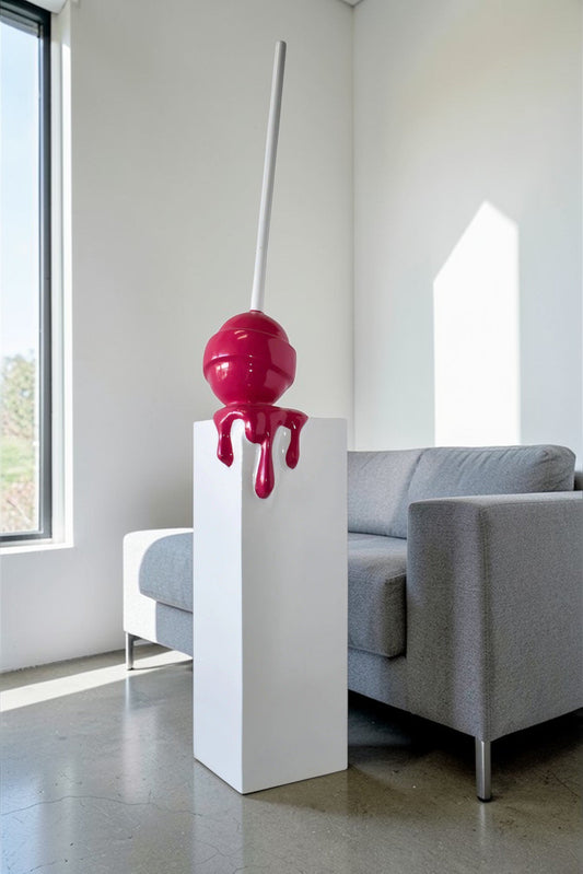 Red Lollipop Mounted on A White Pedestal Resin Statue Size: 10" x 10" x 59"H