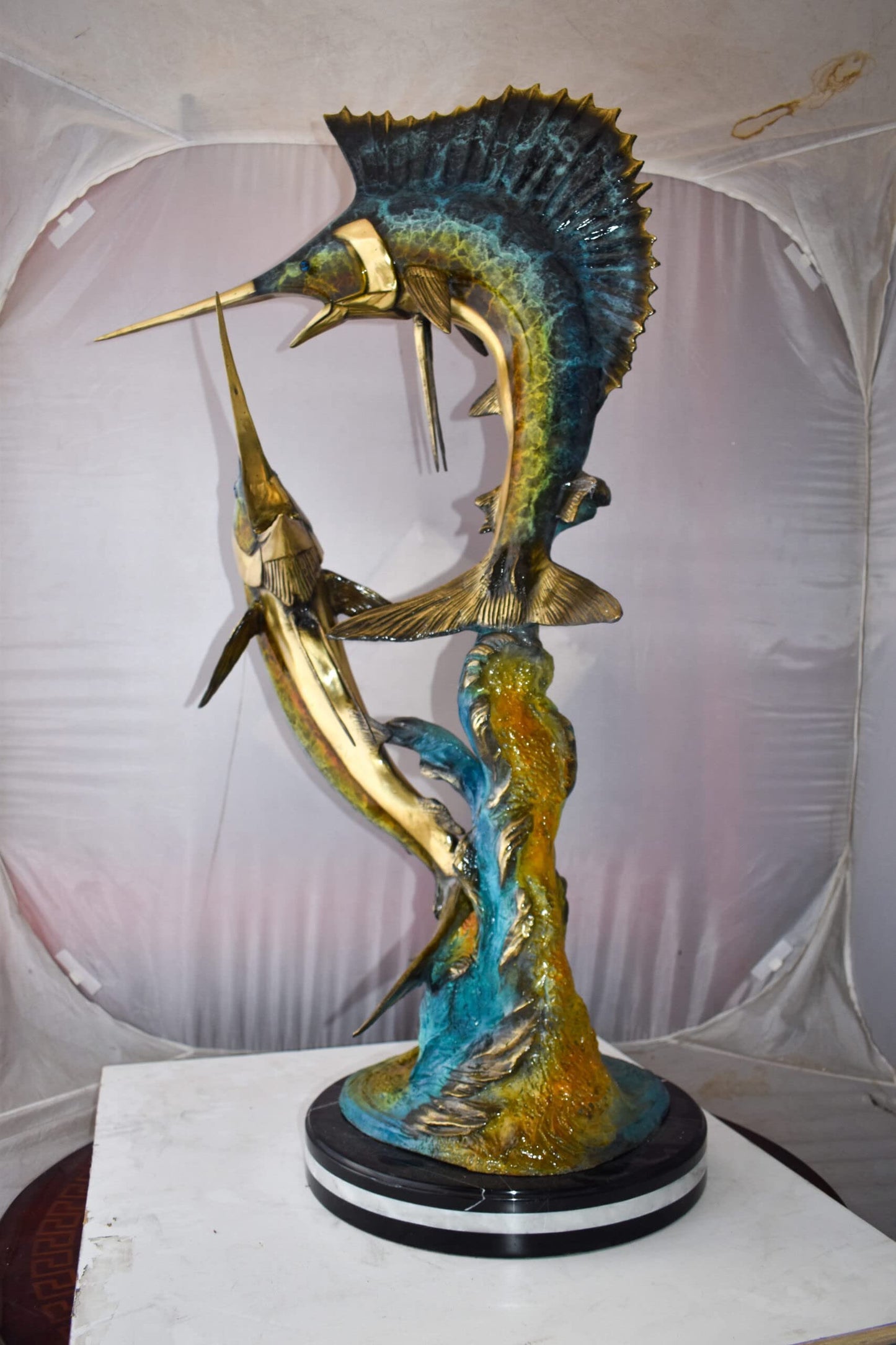 Set Of Intertwined Sailfish and Marlin Colored Bronze Statue  27" x 20" x 47"H