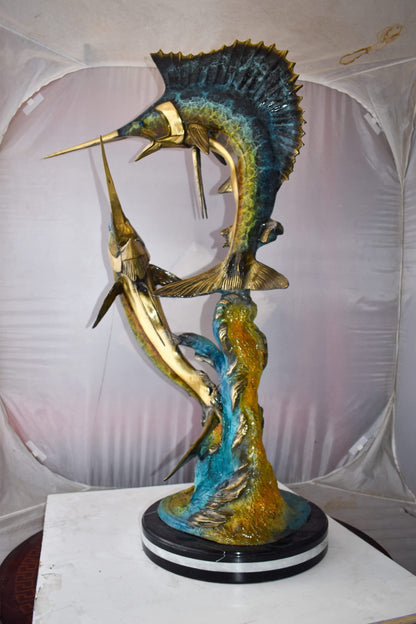 Set Of Intertwined Sailfish and Marlin Colored Bronze Statue  27" x 20" x 47"H