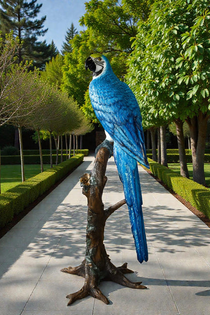 Giant Blue and White Parrot Standing on A Tree Bronze Statue 30" x 24" x 66"H