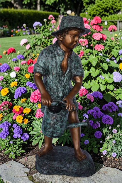 Standing Boy with Watering Can Bronze Statue - Size: 15"L x 15"W x 39"H.