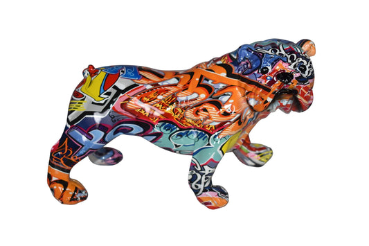 Modern Happy Graffiti Resin Bulldog Statue Looking to the Right  10" x 5" x 7"H