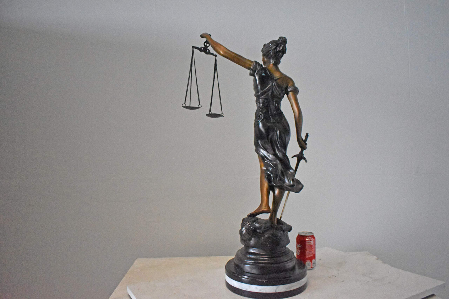 Lady Justice bronze statue mounted on a marble - Size: 14"L x 16"W x 32"H.