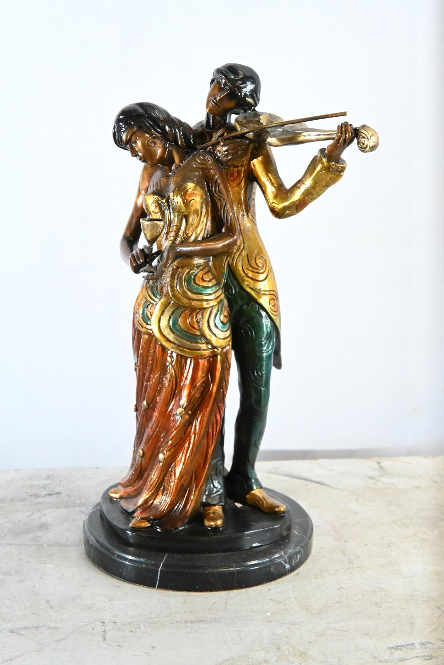 Romantic Couple Bronze Statue Violin Marble Base Music 11"x10"x19"H