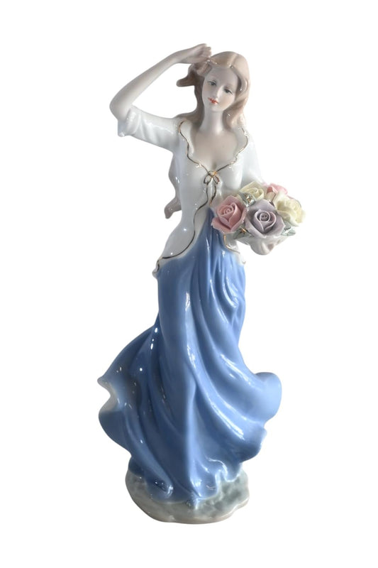 Porcelain Lady White Top Blue Skirt Holding Rose Bouquet 5"x4"x12"H