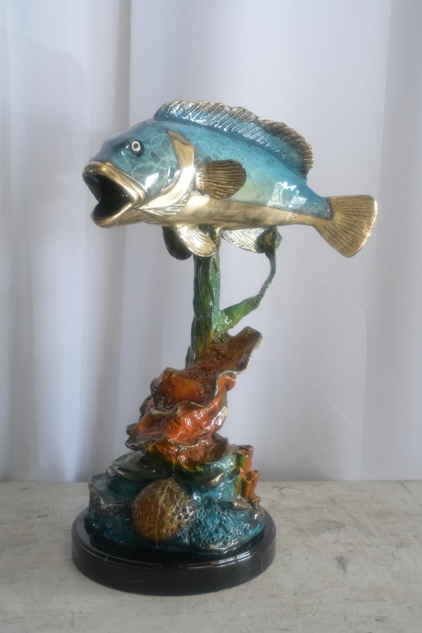Bronze Bass Fish Sculpture on Coral Reef and Marble Base 18"x10"x26"H