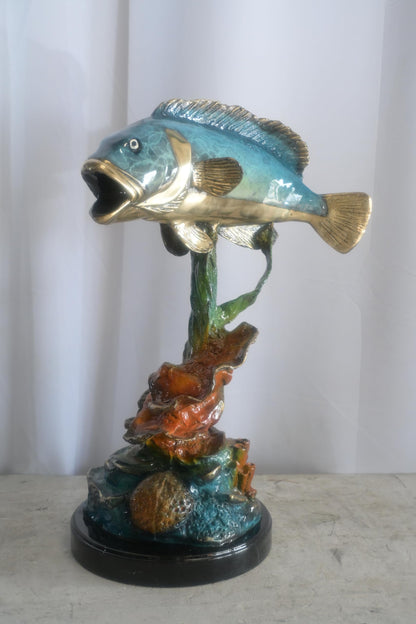 Bronze Bass Fish Sculpture on Coral Reef and Marble Base 18"x10"x26"H