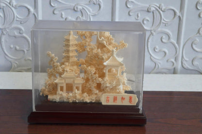 Carved Resin Chinese Pagoda Temple Garden in Case 8"x4"x7"H