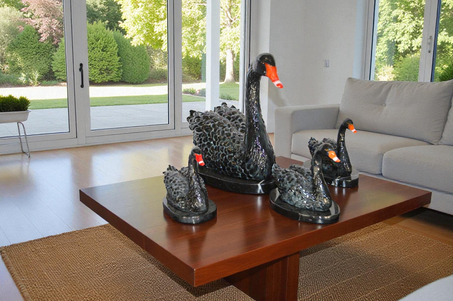 Set of Black Swans each on Mable Base bronze statue -  Size: 9"L x 18"W x 15"H.