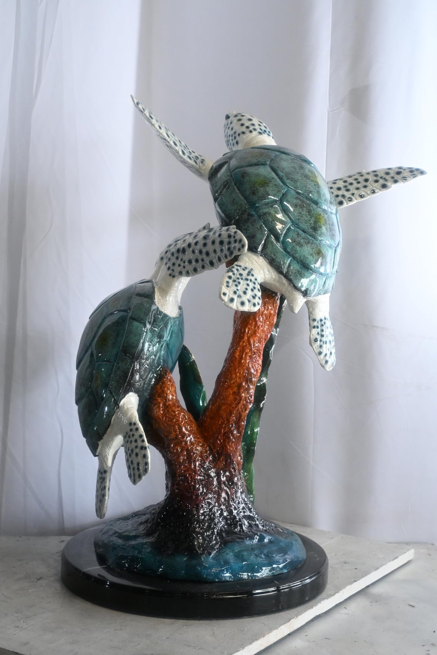 Two Sea Turtles on Coral Reef Bronze Sculpture Teal 17"x18"x33"H
