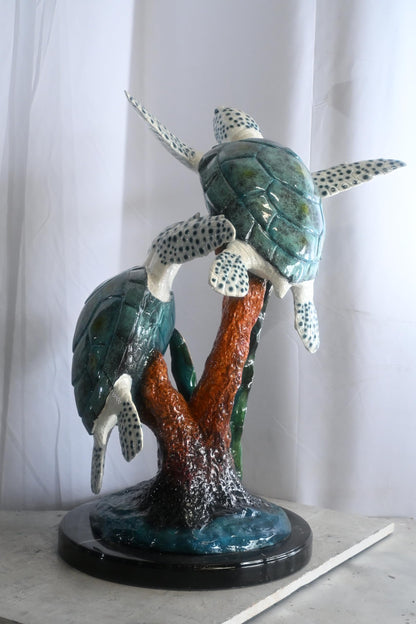 Two Sea Turtles on Coral Reef Bronze Sculpture Teal 17"x18"x33"H