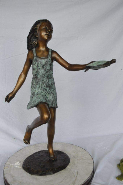 Girl holding turtle bronze fountain statue -  Size: 26"L x 19"W x 37"H.