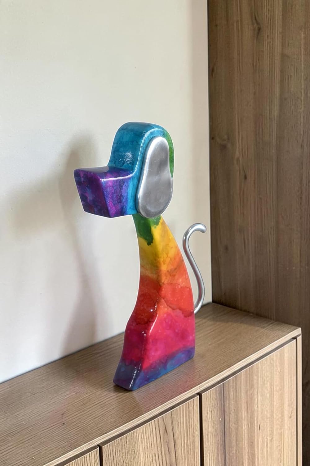 Abstract Rainbow Painted Wood Dog Figurine Aluminum Ears 8"x2"x15"H