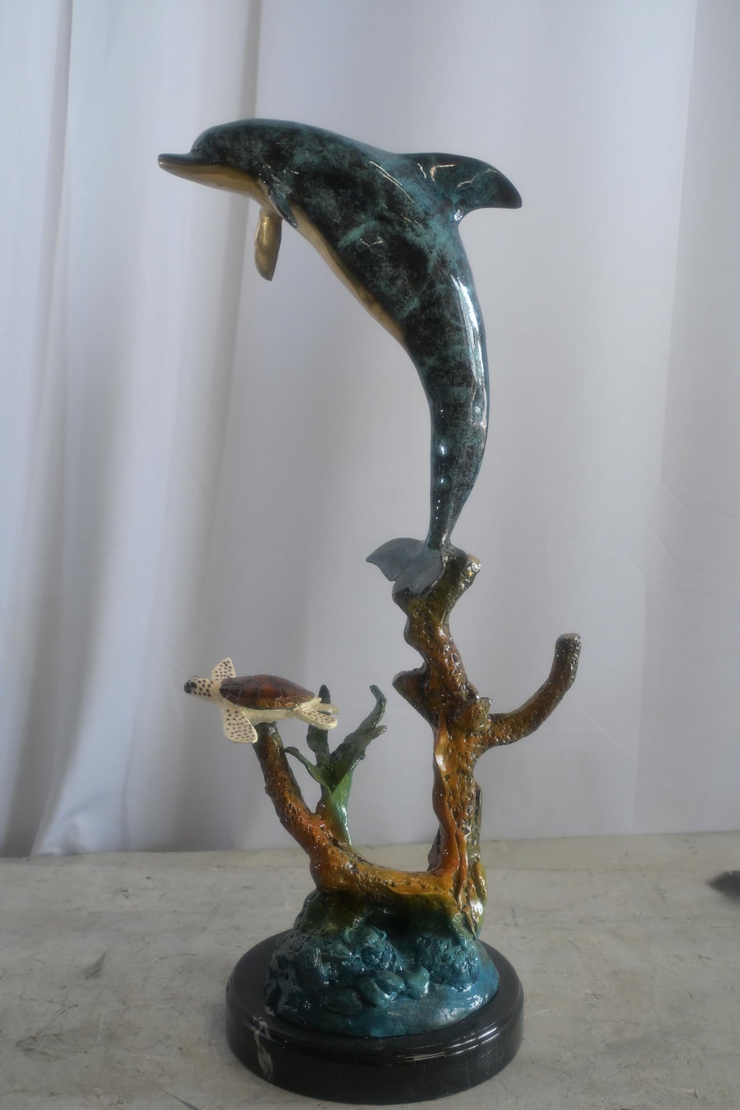 Bronze Leaping Dolphin and Sea Turtle Sculpture Marble Base 12"x9"x27"H
