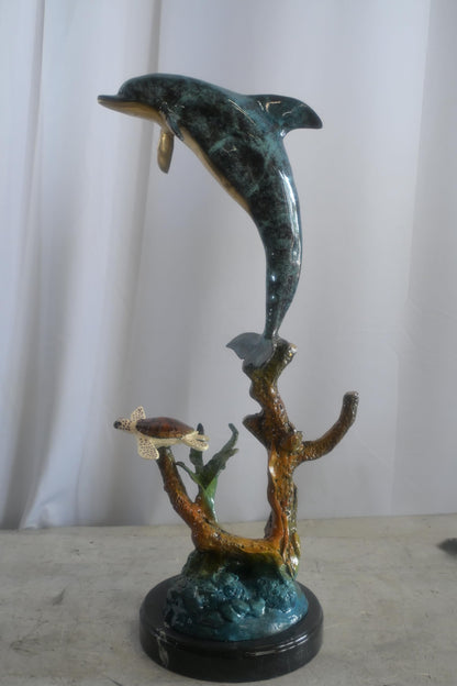 Bronze Leaping Dolphin and Sea Turtle Sculpture Marble Base 12"x9"x27"H