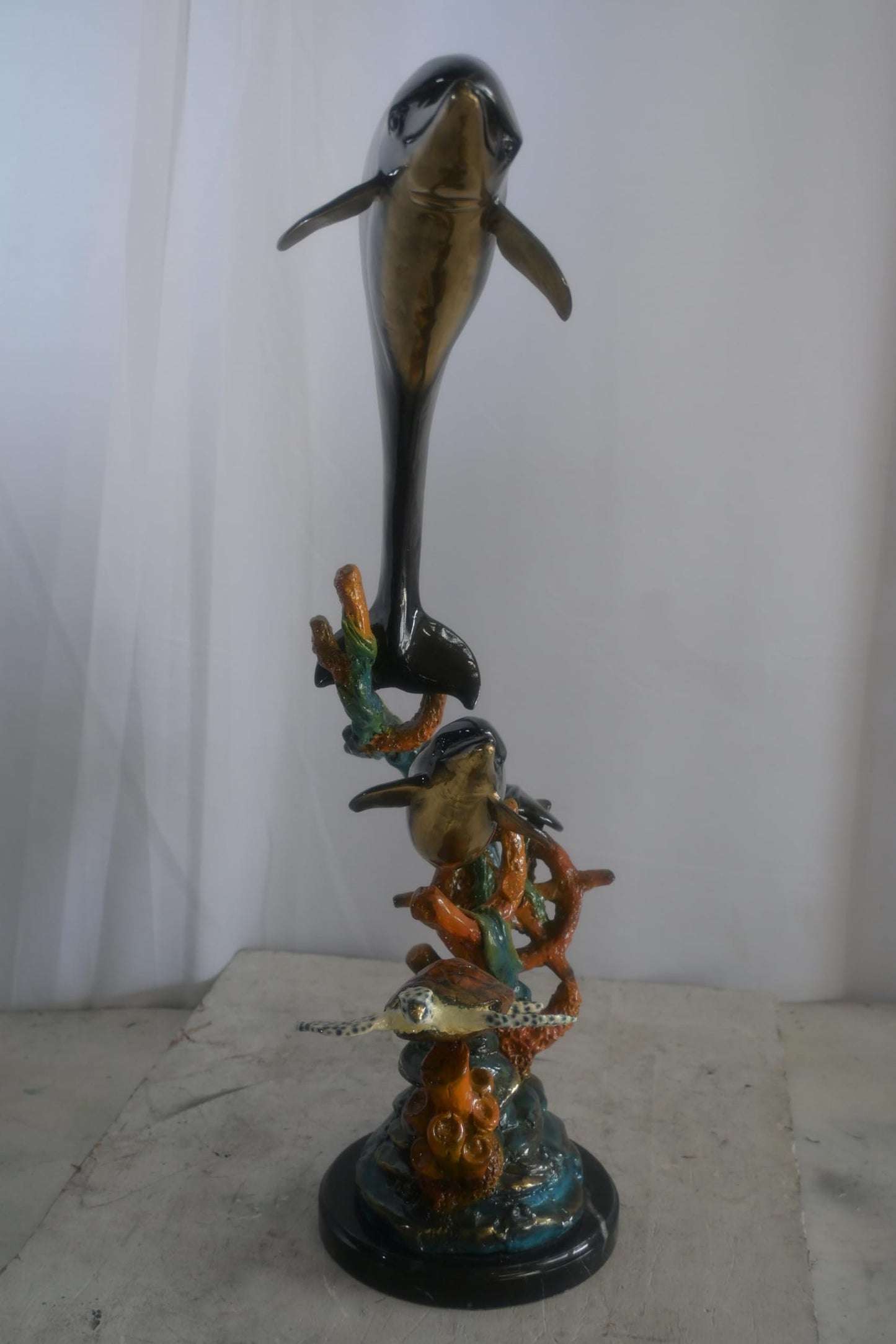 Bronze Dolphin Pair and Sea Turtle Coral Reef Sculpture 15"x9"x29"H