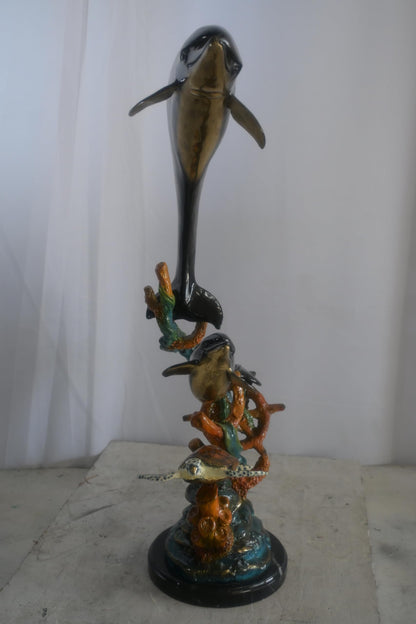 Bronze Dolphin Pair and Sea Turtle Coral Reef Sculpture 15"x9"x29"H