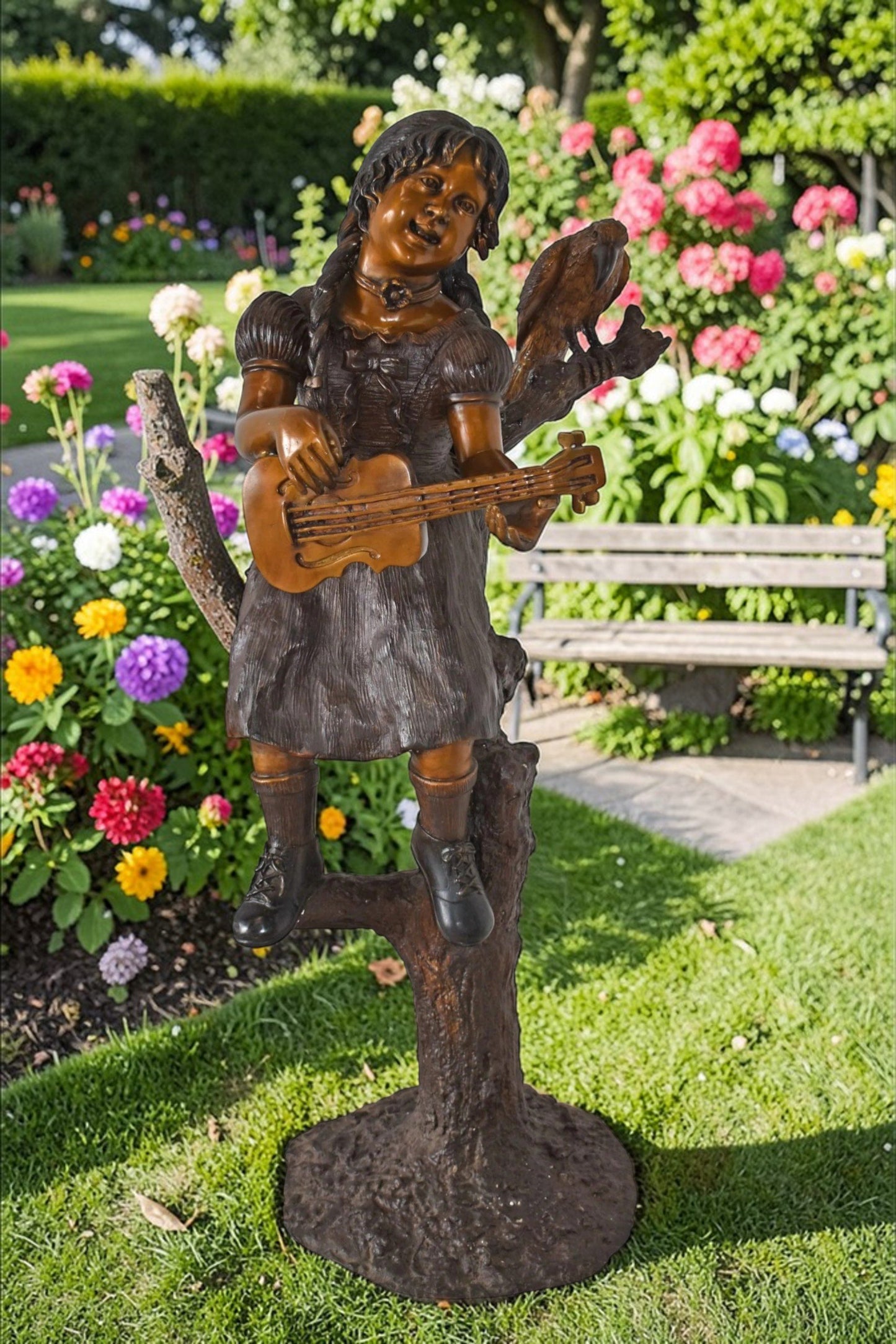 Girl on a Tree Playing the Ukulele with a Parrot Bronze Statue 25" x 23" x 50"H