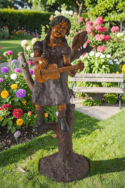 Girl on a Tree Playing the Ukulele with a Parrot Bronze Statue 25" x 23" x 50"H