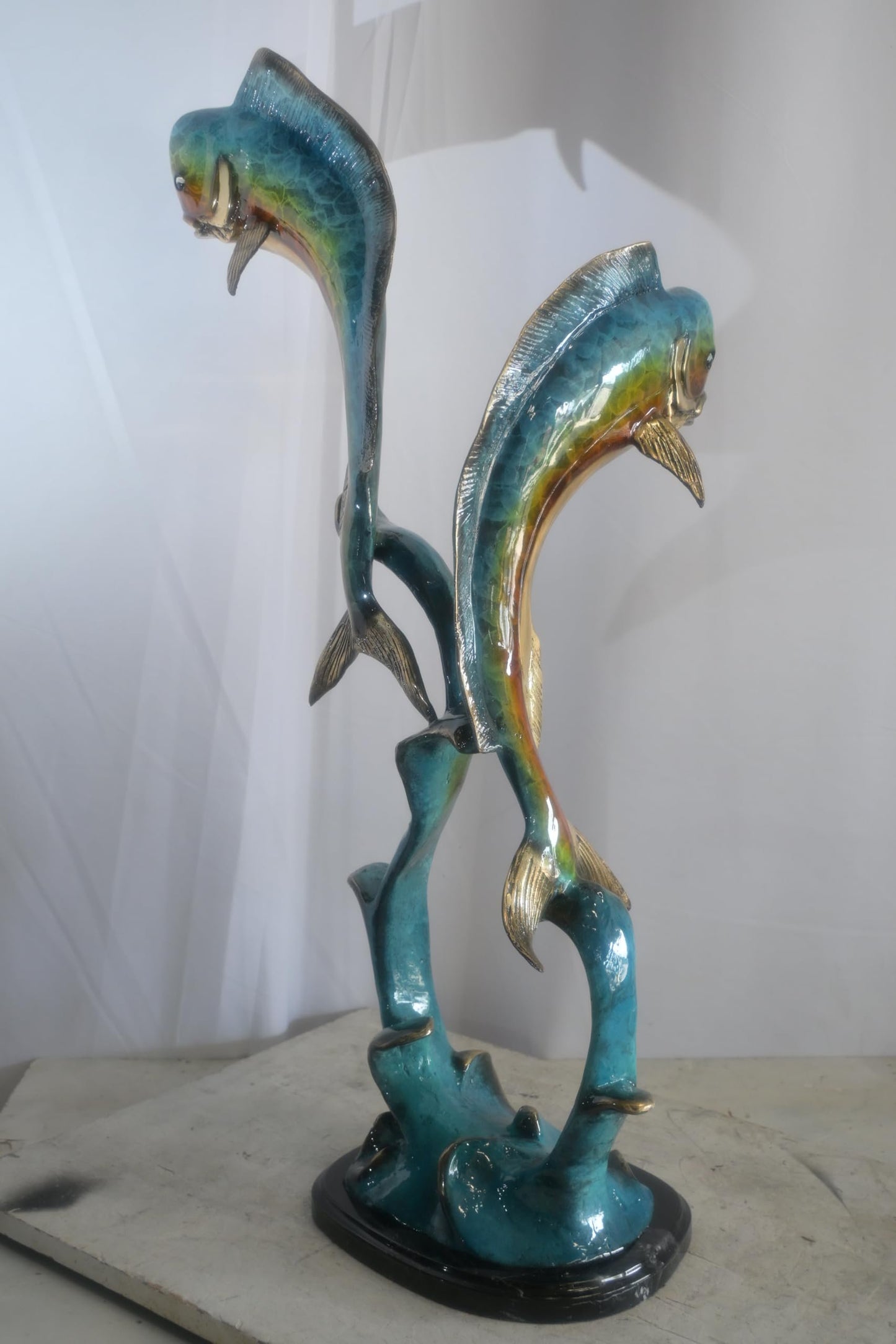 Bronze Dual Mahi Mahi Fish Sculpture on Wave Marble Base 19"x12"x35"H