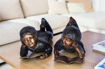 Young Kids Laying and Reading Cheerfully Bronze Statue Set Size: 20" x 13" x 8"H