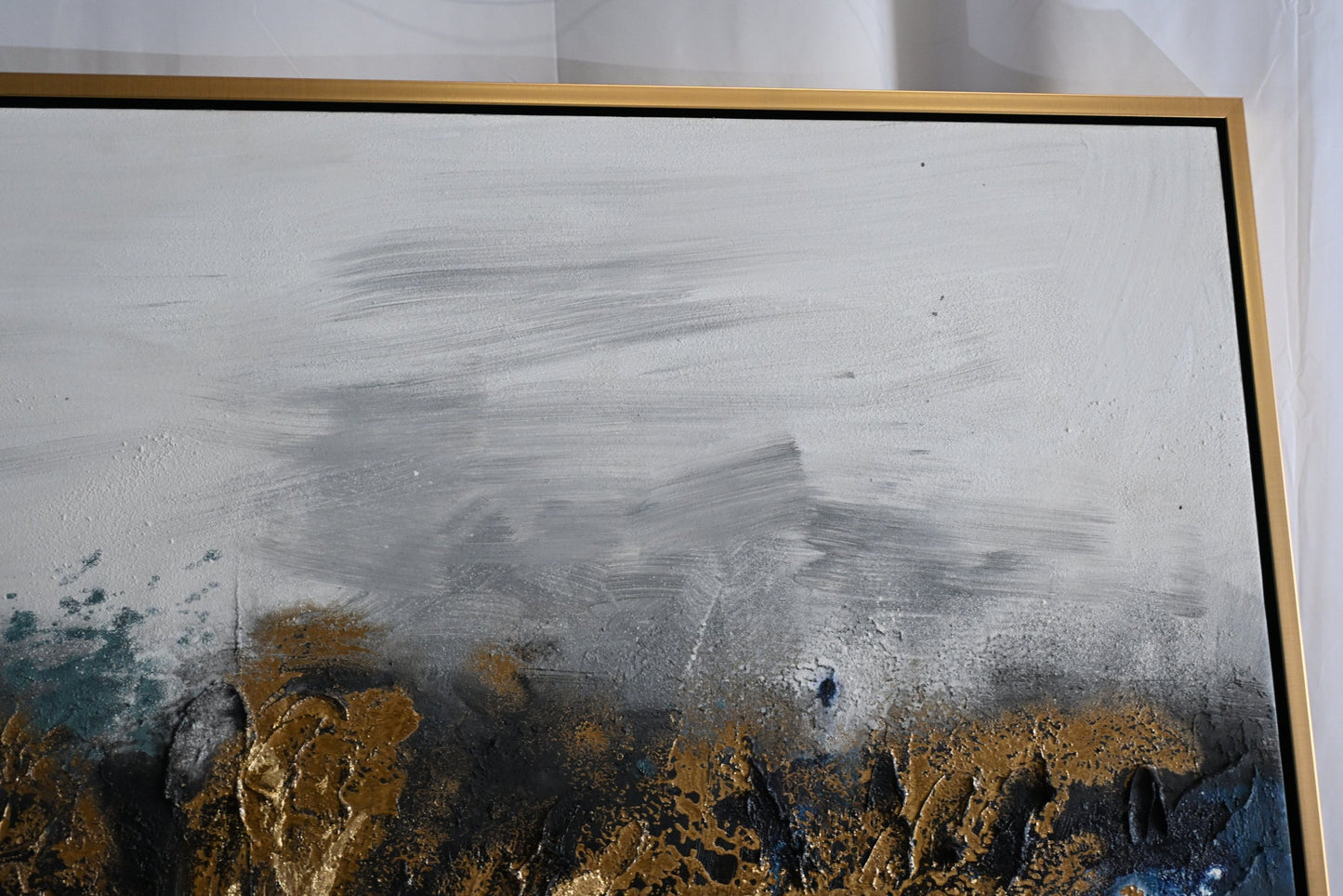 Steel Symphony Abstract Canvas Painting Gold Teal Framed 41"x61"