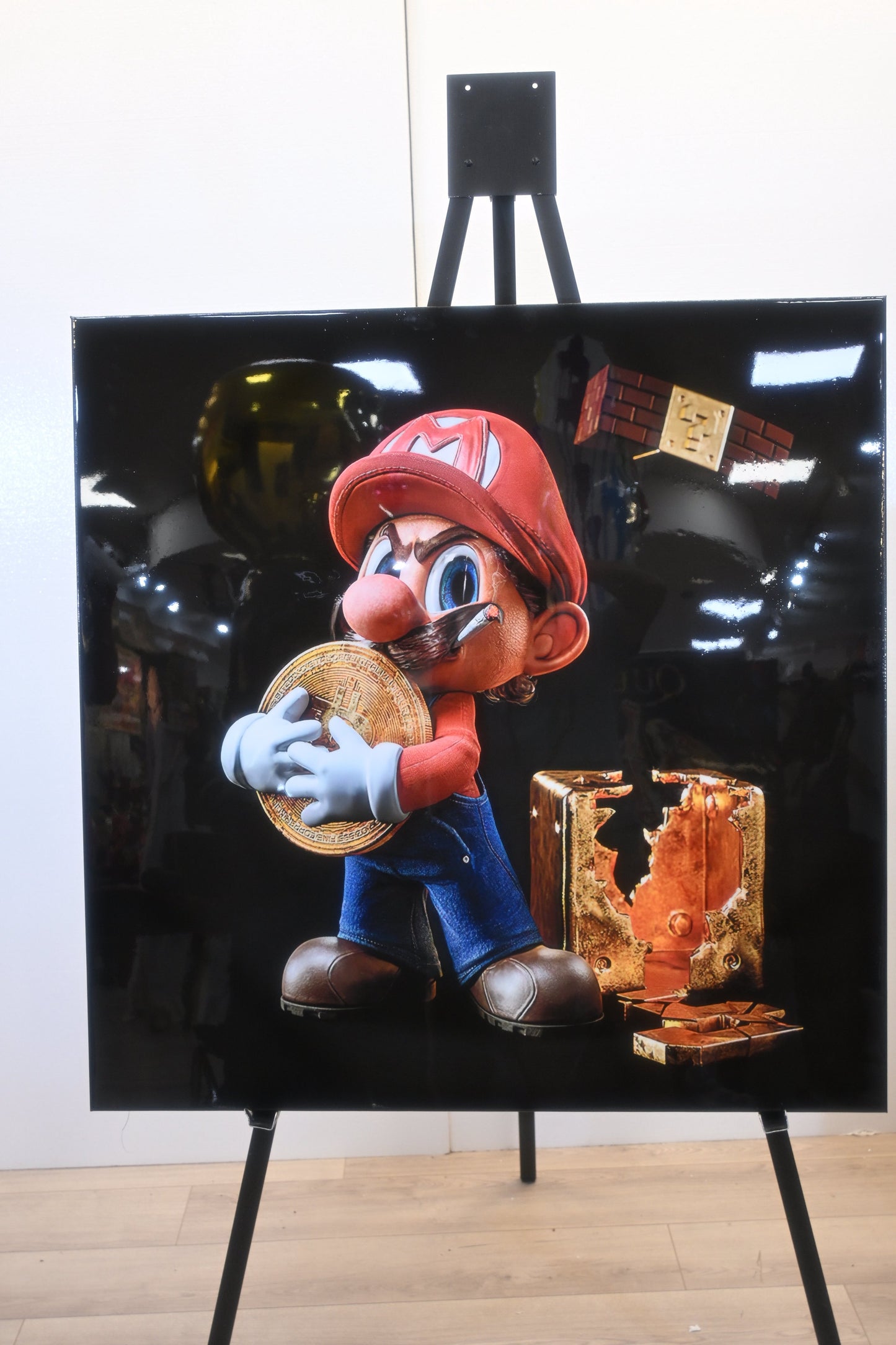 Mario Bitcoin Pop Art Resin Canvas 40x40 - Iconic Plumber Character with Gold Coin & Vault