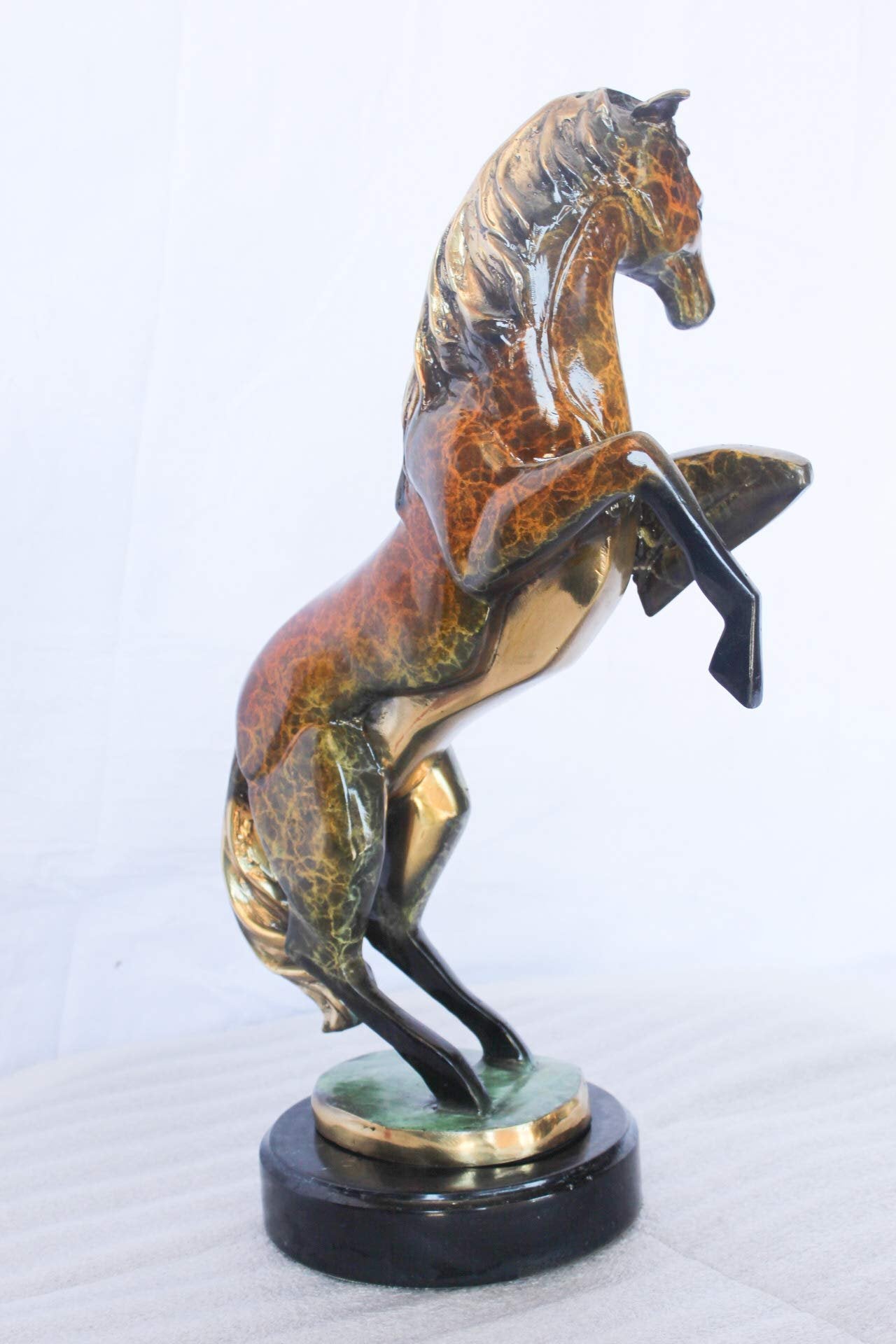 Colored rearing horse bronze statue -  Size: 14"L x 7"W x 21"H.