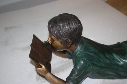 Bronze Boy Reading Book Statue - 24"L x 10"W x 11"H Garden Sculpture