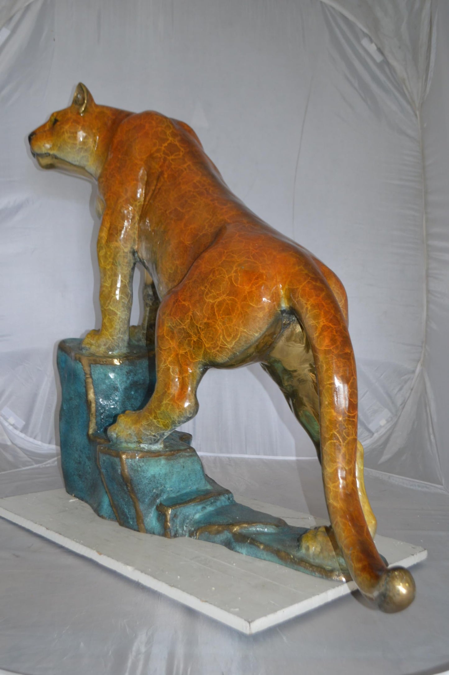 Bronze Mountain Lion Statue on Rock Ledge Large Cougar 55"x20"x40"H