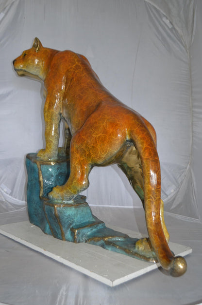 Bronze Mountain Lion Statue on Rock Ledge Large Cougar 55"x20"x40"H