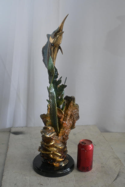 Bronze Sailfish Sculpture on Coral Seaweed Base Marble 11"x7"x24"H