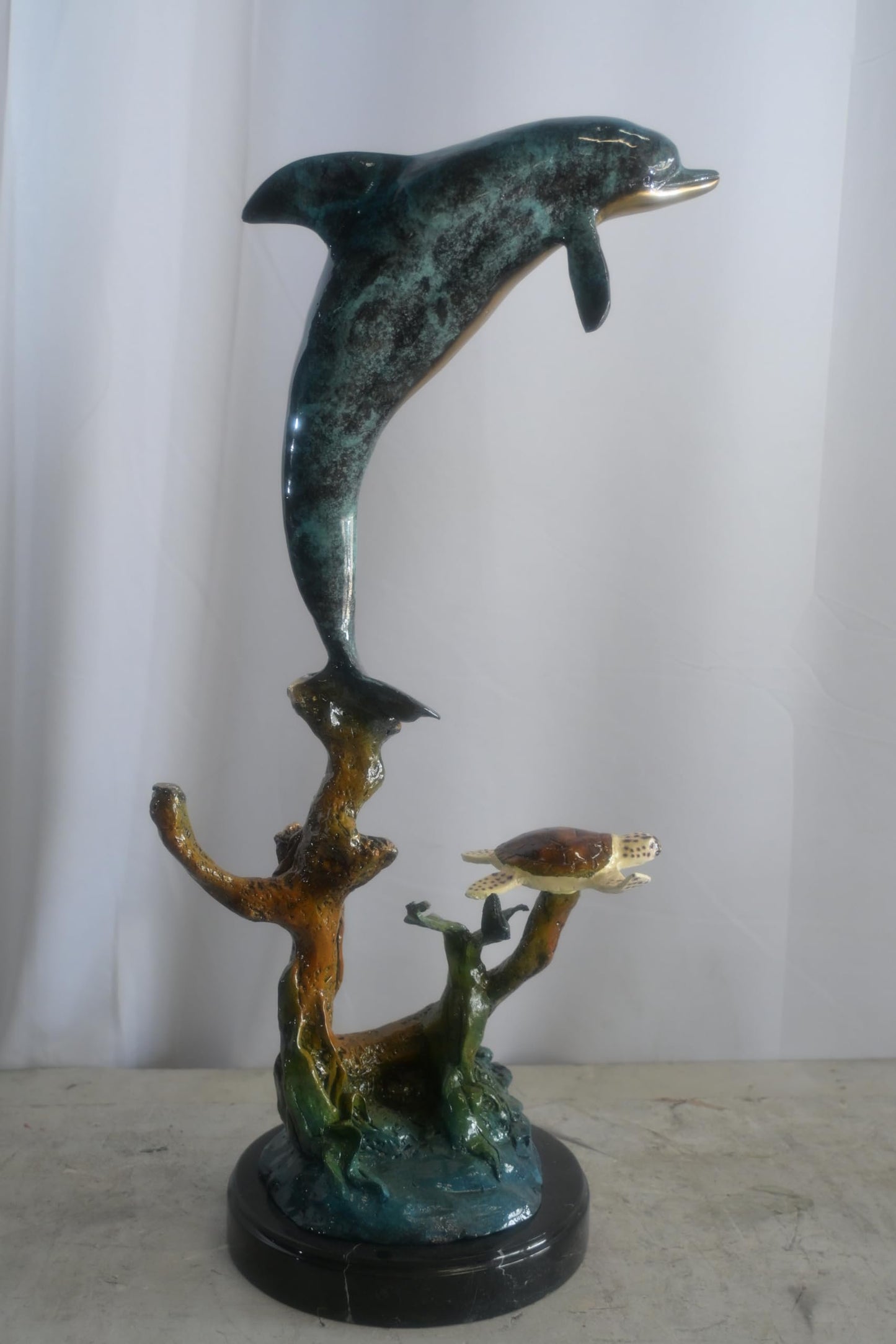 Bronze Leaping Dolphin and Sea Turtle Sculpture Marble Base 12"x9"x27"H