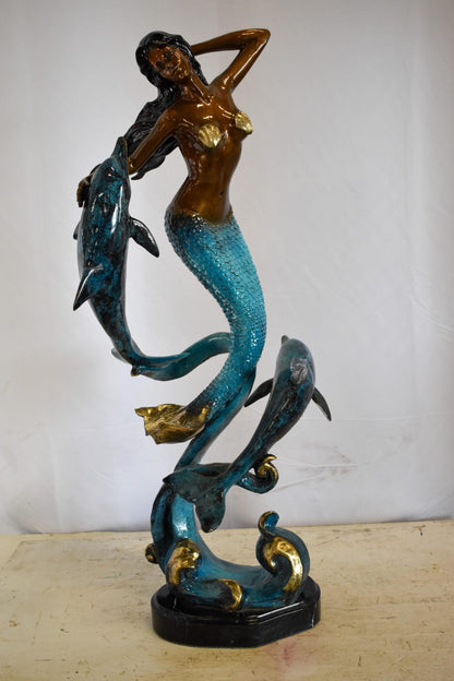 Graceful Mermaid and Two Dolphins Bronze Statue 13" x 9" x 31"H