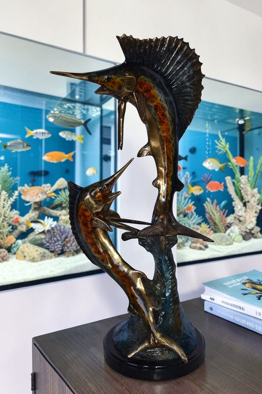 Two Swordfish Swimming in The Ocean Bronze Statue - Size: 11"L x 10"W x 22"H.