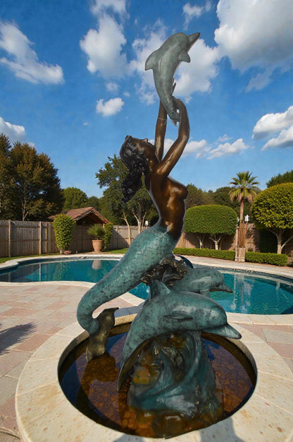 Mermaid and Three dolphins fountain bronze statue - Size: 34"L x 41"W x 83"H.