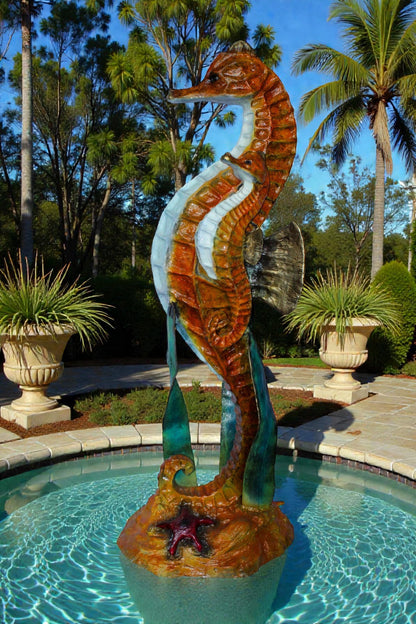 Large Bronze Seahorse and Baby Ocean Fountain Sculpture 26" x 22" x 66"H