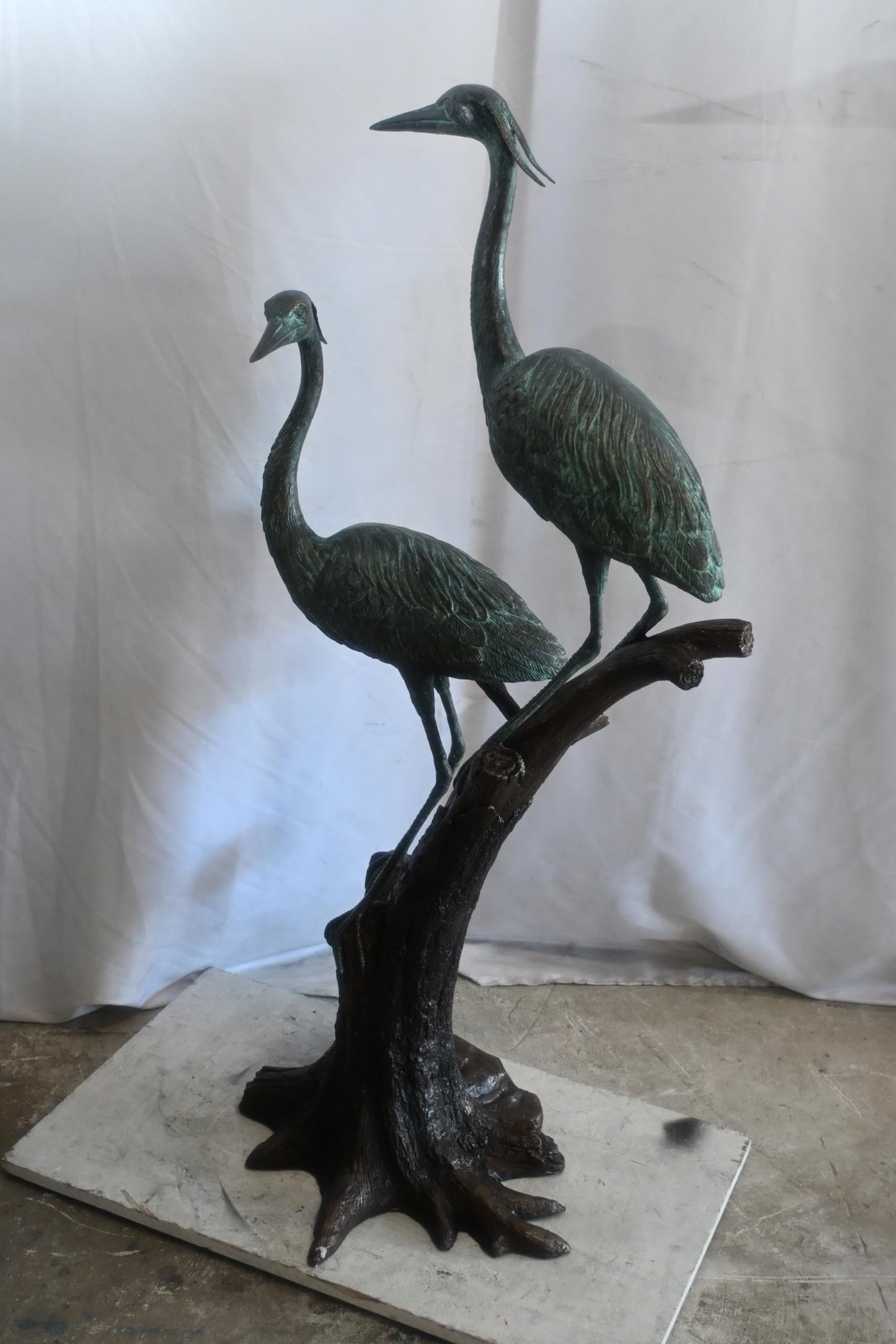 Bronze Heron Pair Sculpture on Driftwood Branch Perch 25"x20"x52"H