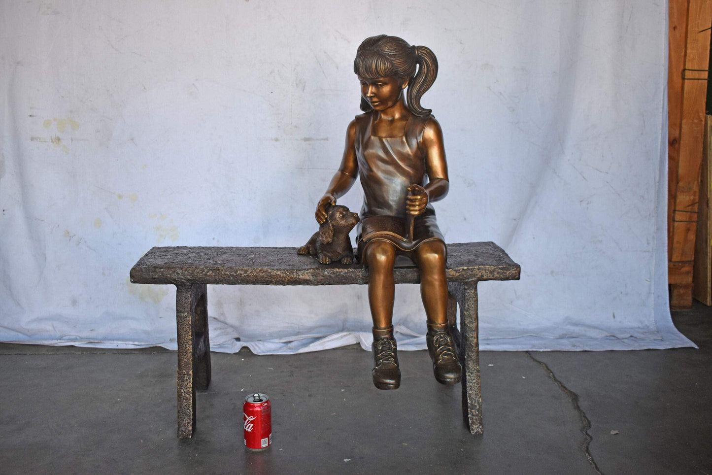 Young Girl with Her Puppy on Bench Reading Bronze Statue, Size 37" x 17" x 38"H