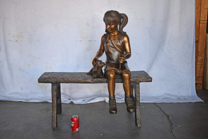 Young Girl with Her Puppy on Bench Reading Bronze Statue, Size 37" x 17" x 38"H