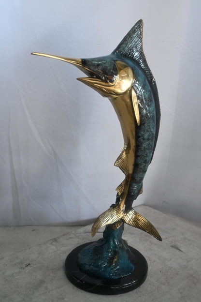Blue Marlin Bronze Sculpture Leaping Ocean Wave 15"x6"x23"H