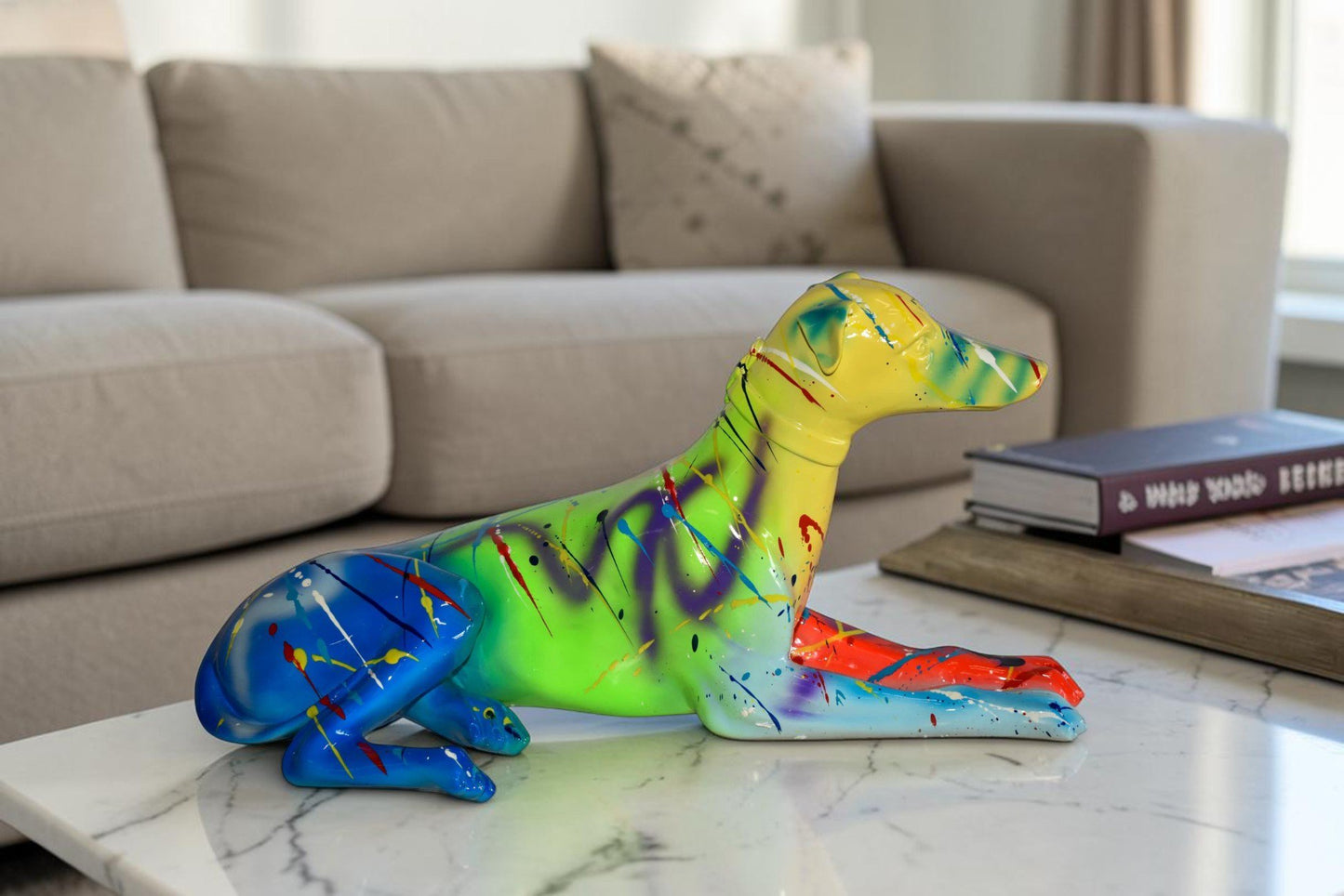 Modern Graffiti Sitting Greyhound Dog Resin Statue 19" x 9" x 12"H