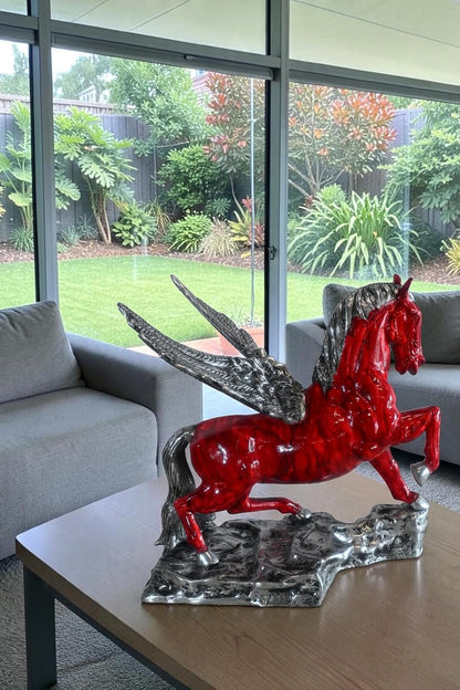 Prancing Red Pegasus Winged Horse Sculpture Aluminum Art 17"x15"x19"H