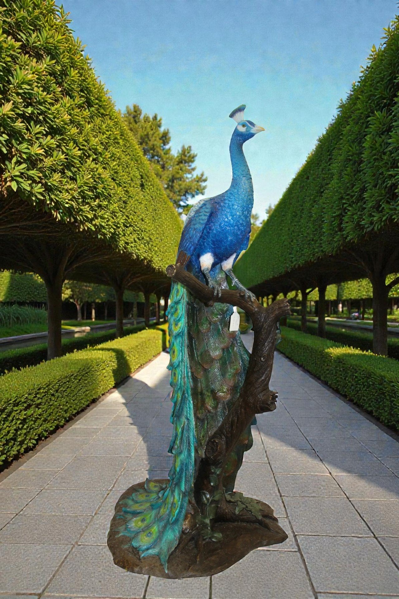 Peacock on Tree Bronze Statue -  Size: 31"L x 30"W x 64"H.