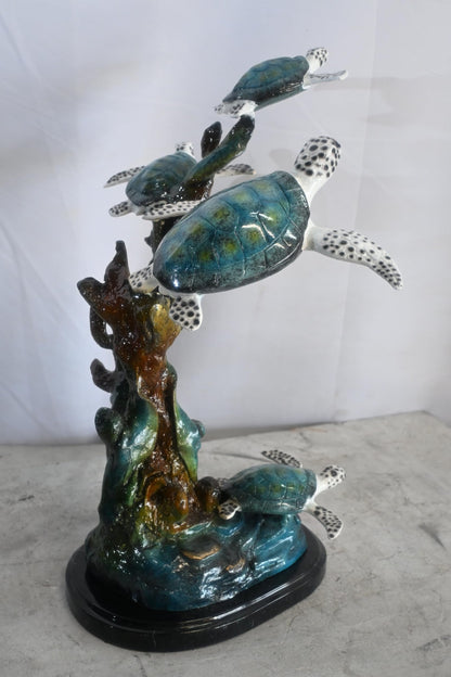 Four Sea Turtles Bronze Sculpture Coral Branch Scene 18"x11"x24"H