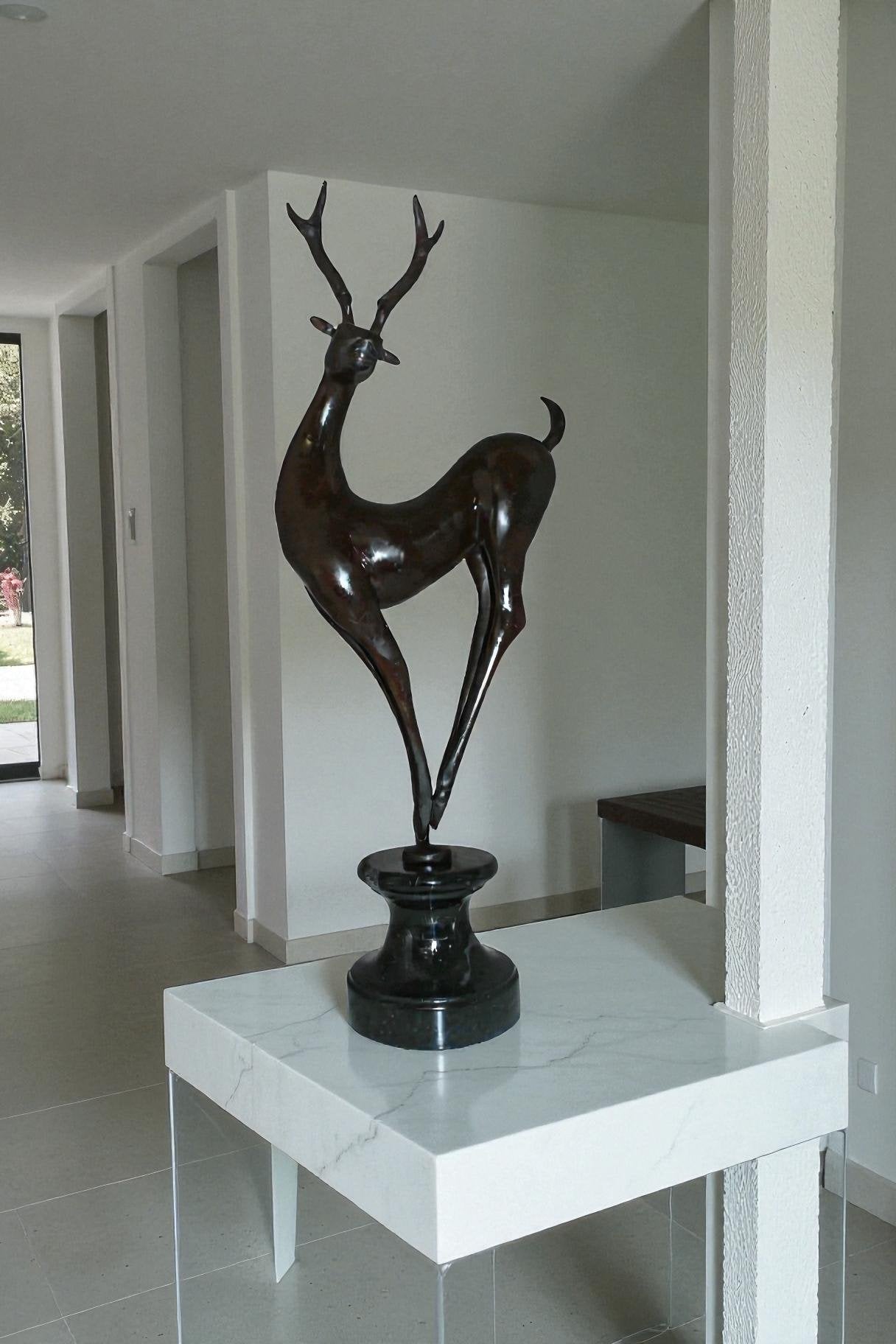 Deer standing Bronze Statue -  Size: 12"L x 7"W x 30"H.